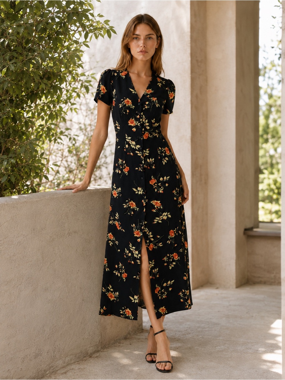 Black Floral Button Shirt Midi Dress